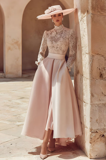 Candy Rose Col Haut Une Ligne Longue Mère de la Mariée Robe avec Dentelle